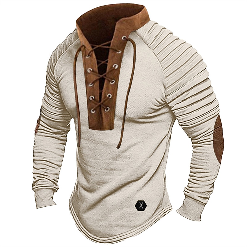 Color Block Long Sleeve Pleated Standing Collar Street Vacation Tee