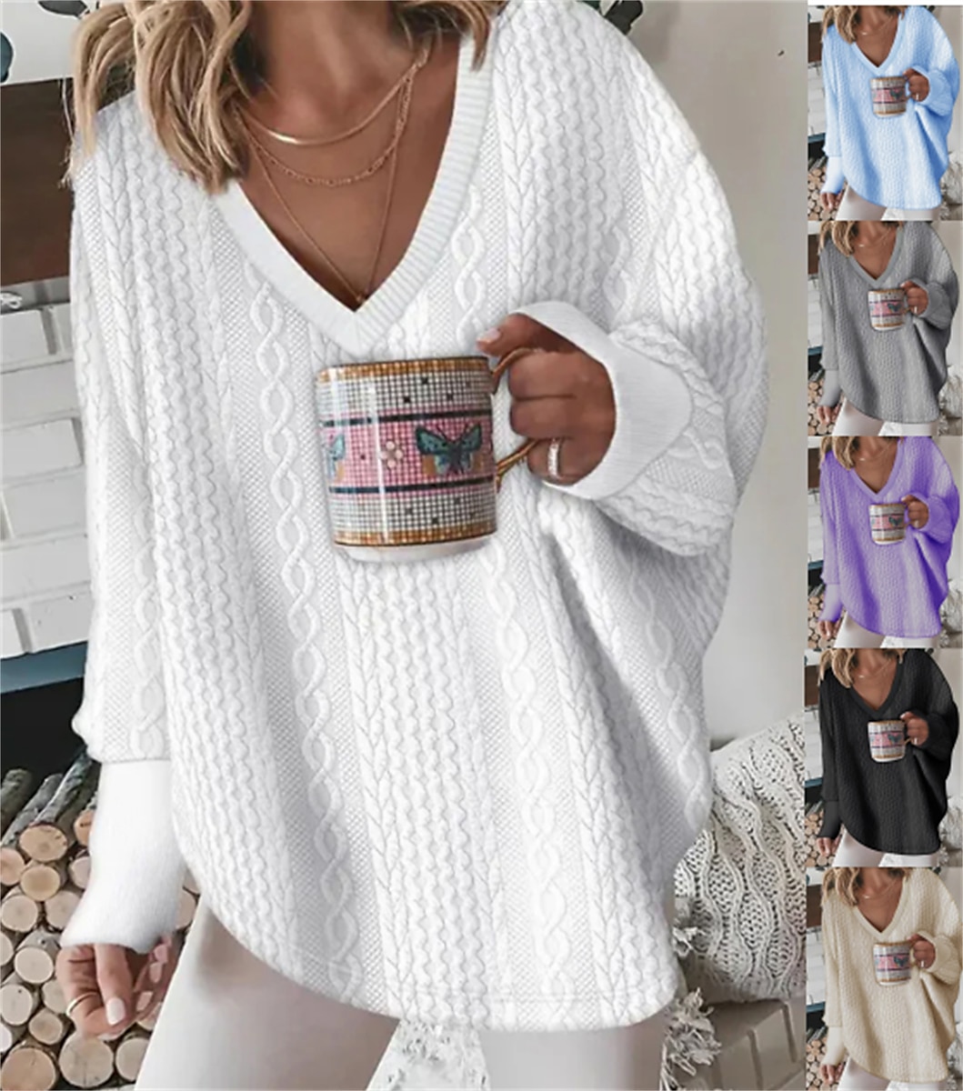 V Neck Ribbed Knit Pullover Oversized Solid Color Long Sleeve