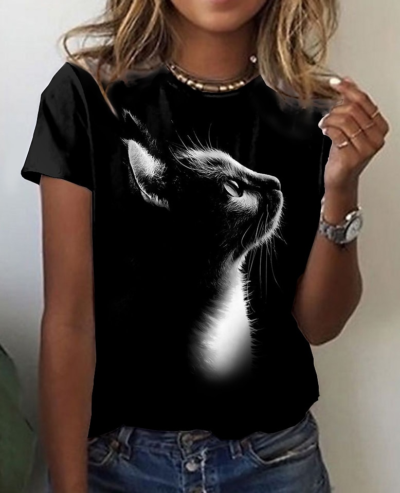 Cat Print Basic Short Sleeve Tee