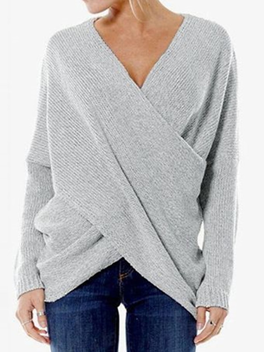 V-Neck Criss Cross Knit Sweater Khaki & Gray Ribbed Knit Blend