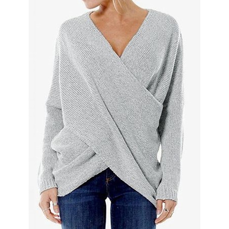 V-Neck Criss Cross Knit Sweater Khaki & Gray Ribbed Knit Blend