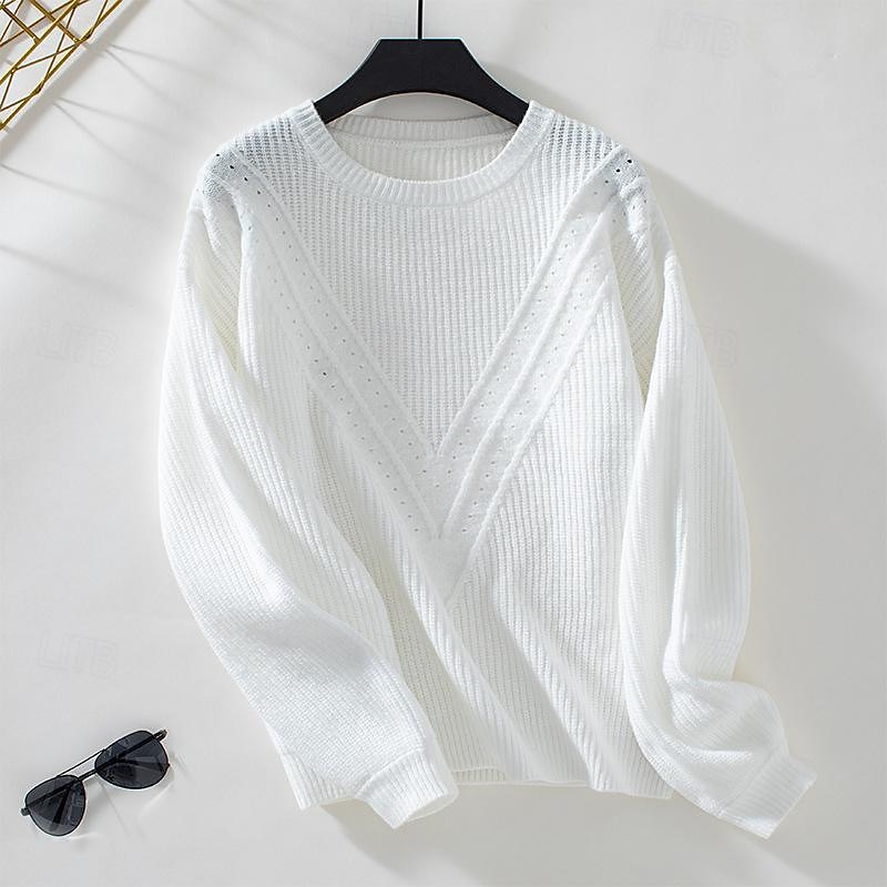 Crew Neck Lantern Sleeve Sweater White & Beige Elegant Knitwear