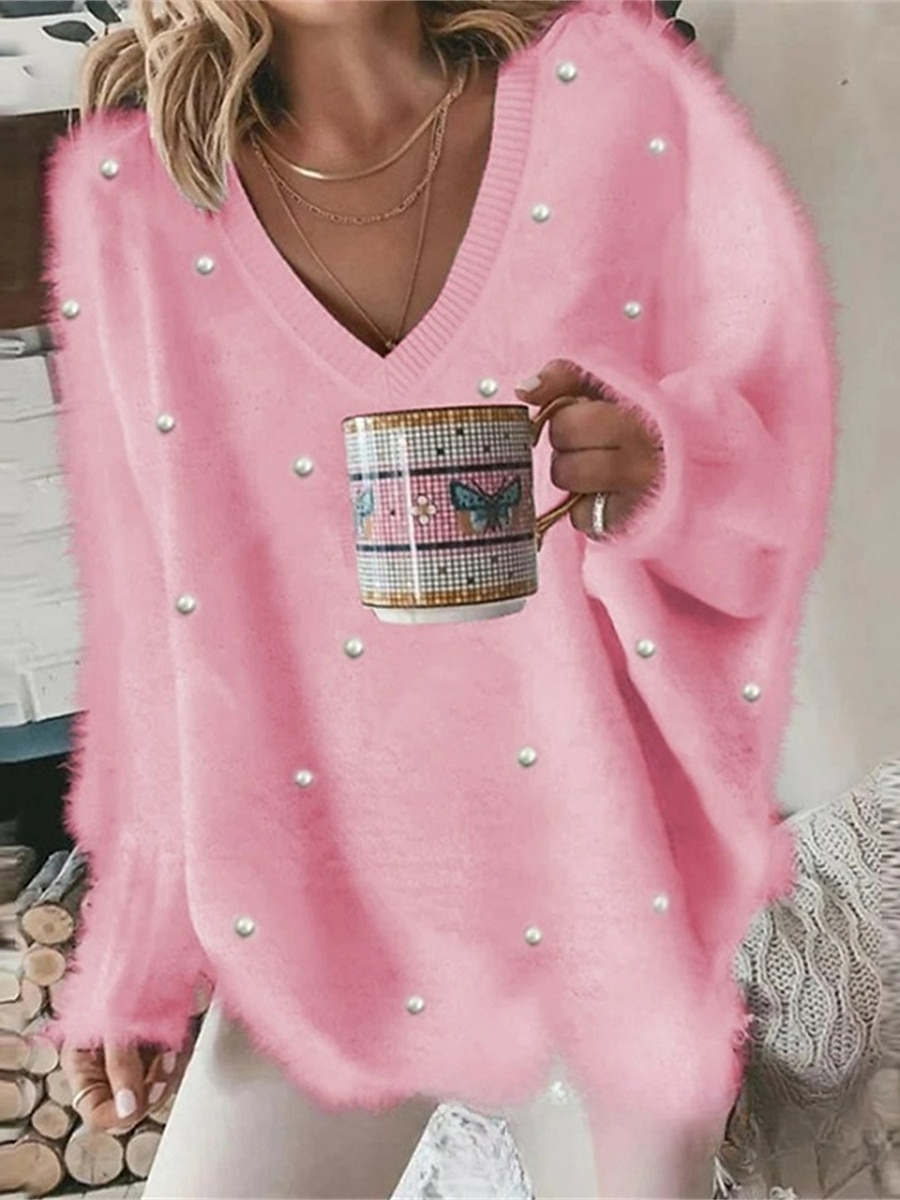 V-Neck Ribbed Knit Oversized Sweater White & Pink Everyday Style