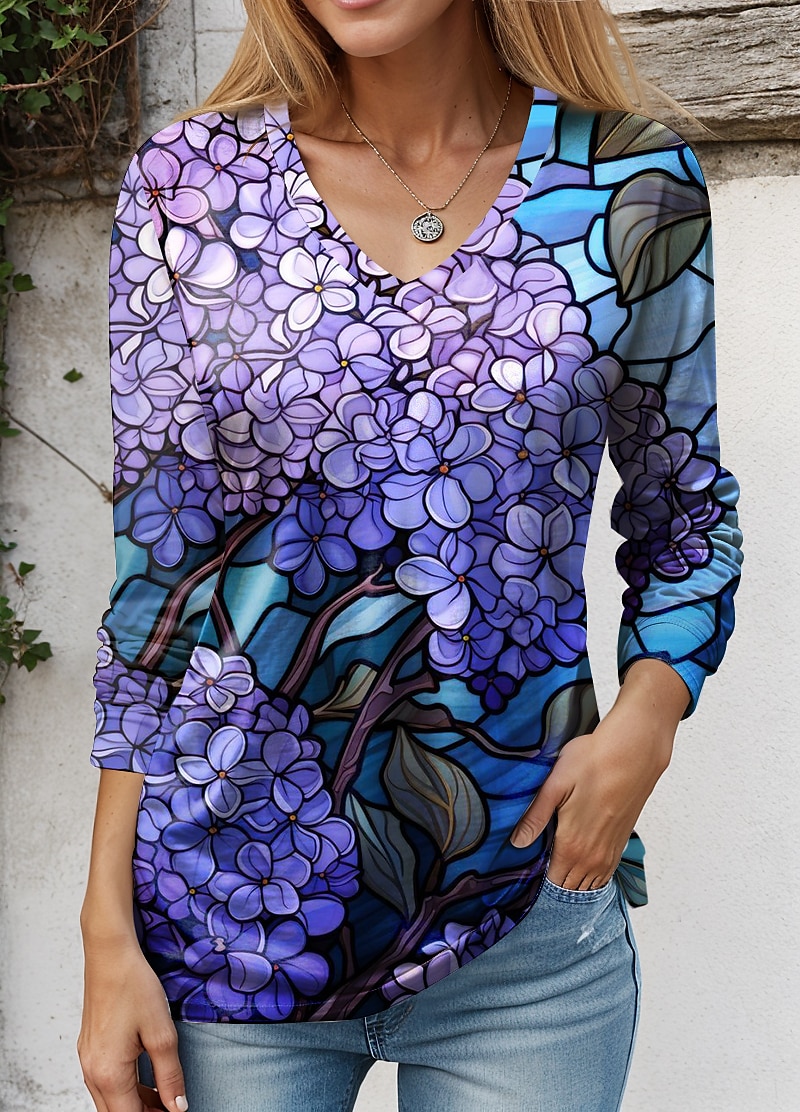 Floral Print Fashion V Neck Tee