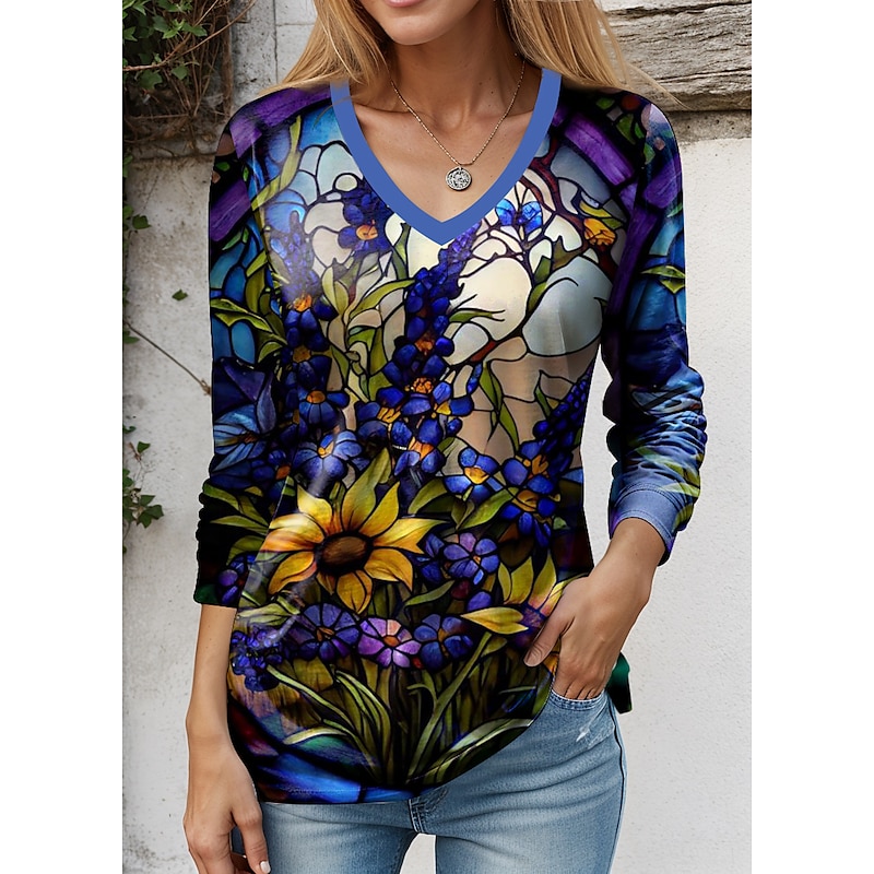 Floral Print Fashion V Neck Tee